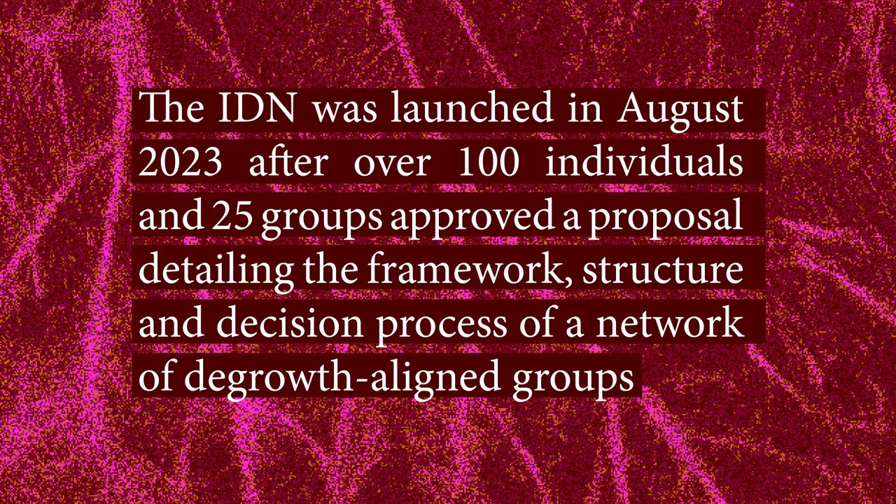 The IDN was launched in August 2023 after over 100 individuals and 25 groups approved a proposal detailing the framework, strucutre and decision process of a network od degrowth-aligned groups