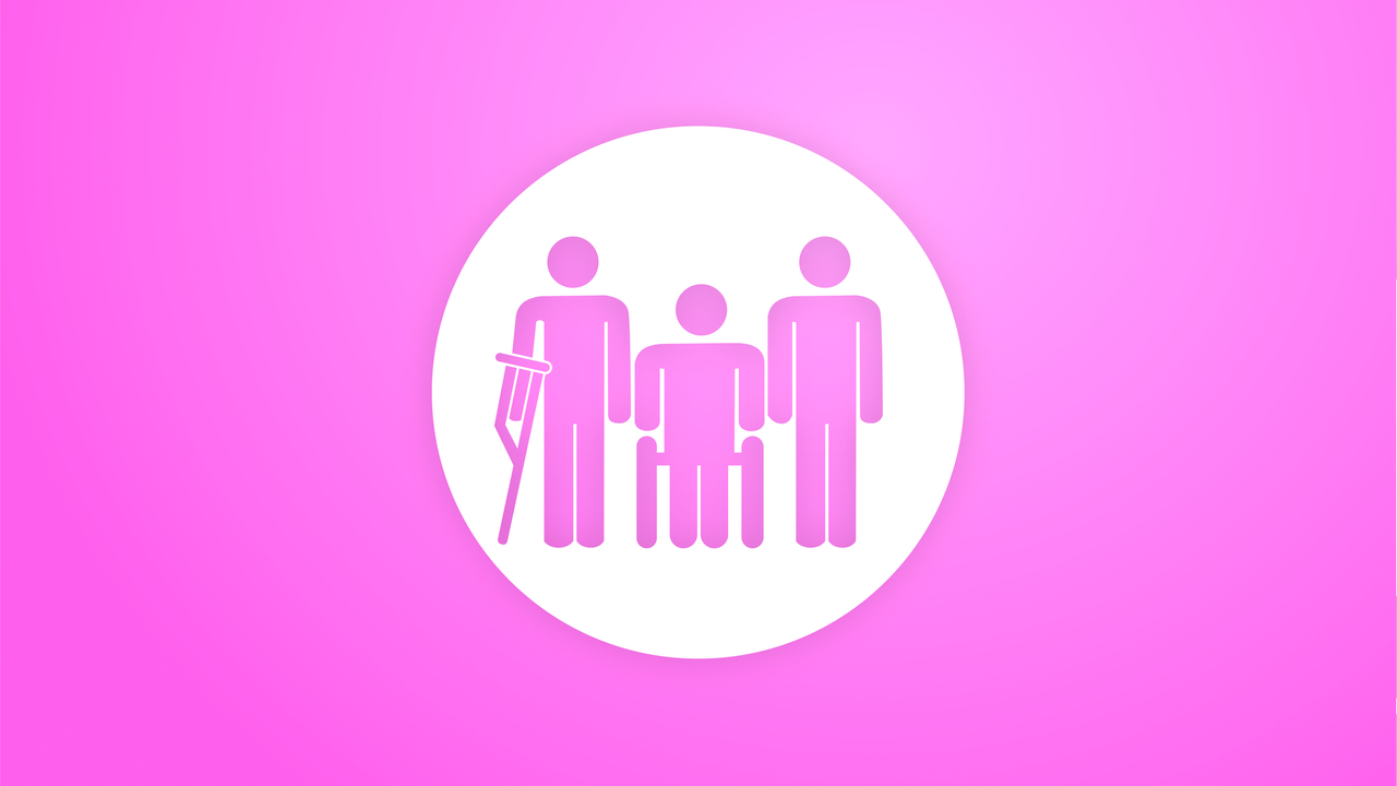 Illustration violette avec pictogramme d'une personne en fauteuil roulant, d'une autre en béquille et d'une personne valide