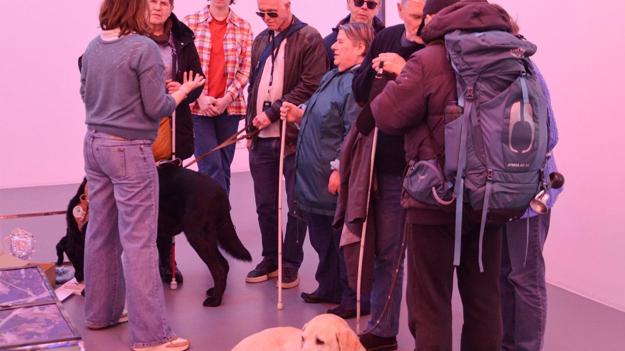 Vue d'un groupe de 8 personnes écoutant une médiatrice à l'occasion d'une visite descriptive et tactile. Il y a deux chiens devant le groupe : un labrador beige et un autre noir. L'ambiance de l'exposition rend la photo teintée de rose.