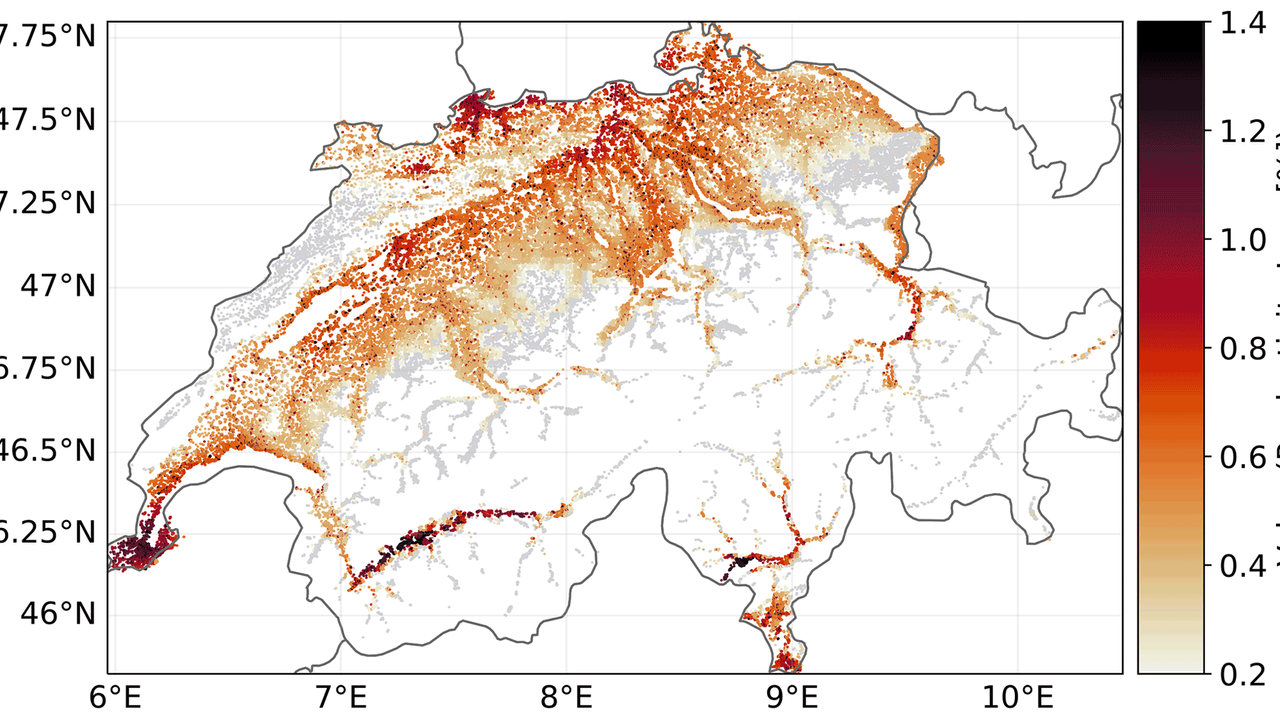 Carte représentant la perte de productivité en fonction de l'emplacement en Suisse